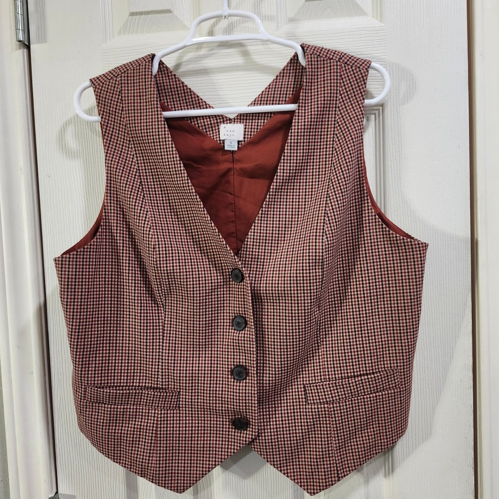 A New Day Brown Red Plaid Button Front Waistcoat Vest Large